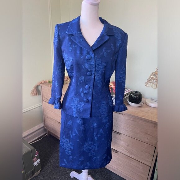 JESSICA HOWARD Vintage Blue Brocade Floral Ruffle Suit Jacket & Skirt Set Sz S-M - Picture 6 of 16